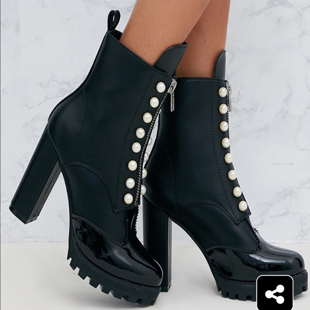 Pretty Little Thing Black Pearl Heeled Ankle Boots